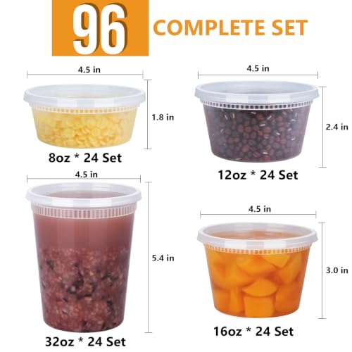 96 Pack (192-Piece) Deli Containers with Lids, 32/16/12/8 oz X 24 Set Each - size: 32/16/12/8 oz X 24 Set