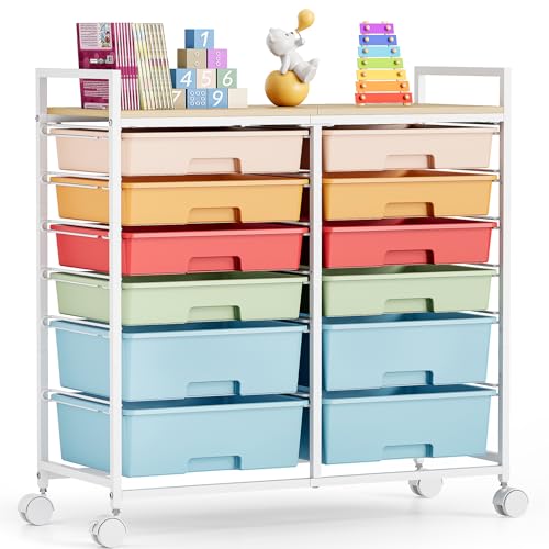 TOOLF 12 Drawers Rolling Storage Cart with Wooden Top for Classroom,Rainbow - color: Rainbow