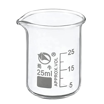 PATIKIL 25ml Low Form Glass Beaker, 3.3 Borosilicate Glass Graduated Printed Scale Measuring Cups with Spout for Kitchen Lab Liquids Transit Boiling - size: 25ml