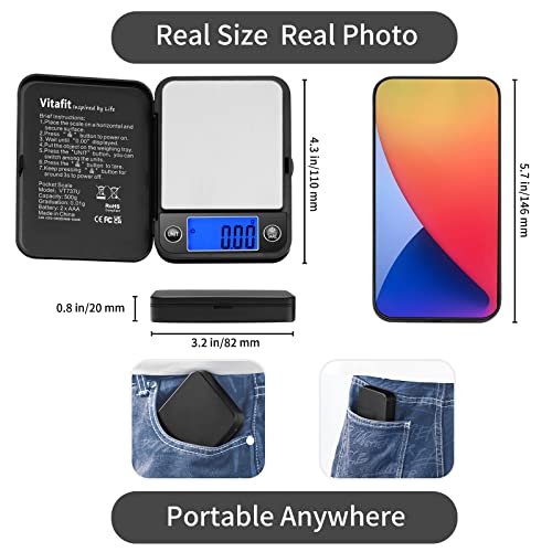Vitafit 500g Digital Pocket Scale High Accuracy 0.01g, Gram Scale Blue LCD - size: 4.3 x 3.2in