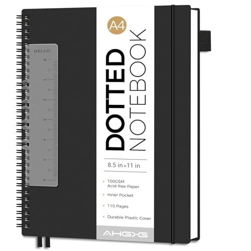 AHGXG Dotted Journal, Grid Spiral Notebook, 110 Pages, A4 (8.5" x 11") - color: Black, style: A4-Dotted