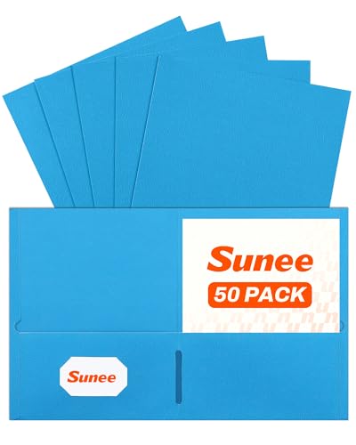 SUNEE Two Pocket Folders, 50 Pack File Folders with Business Card Slot, Textured Paper, Fit Letter Size Paper, Paper File Folder for School Office Home Business, Blue - color: Blue
