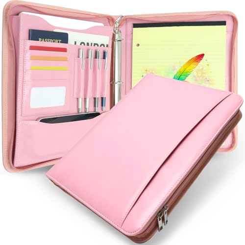 Zippered 3 Ring Portfolio Binder, Padfolio Organizer for Women - color: Pink, size: Zipper Portfolio(13.7"x11"x1.57")