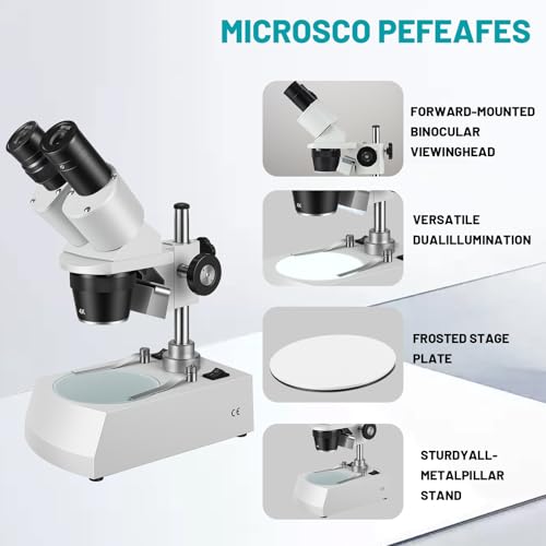 Stereo Microscope，Binocular Microscope, WF10x and WF20x Eyepieces, 10X-80X Magnification, Upper and Lower LED Light Source, Pillar Stand,120V Power Supply and Lithium Battery