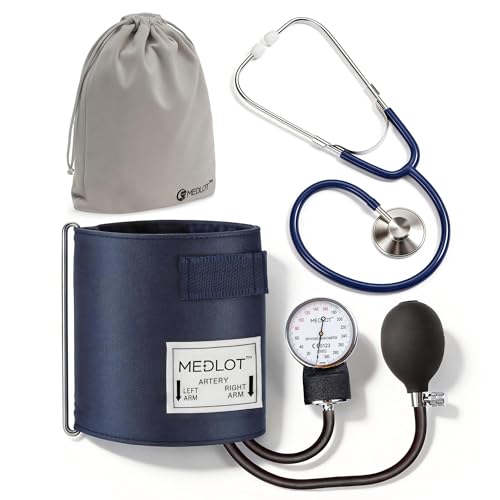 LotFancy Blood Pressure Cuff and Stethoscope Kit with D-Ring, Professional BP Cuff Standard Adult Size for Nursing School, Home, Easy to Use BP Machine with Carrying Case Zero Calibrator, Navy - color: Navy