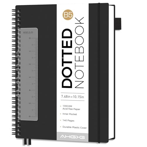 AHGXG Dotted Journal, Grid Spiral Notebook, 140 Pages, B5 (7.6" x 10") - color: Black, style: B5-Dotted