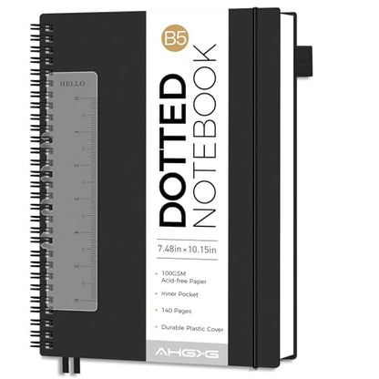 AHGXG Dotted Journal, Grid Spiral Notebook, 140 Pages, B5 (7.6" x 10") - color: Black, style: B5-Dotted