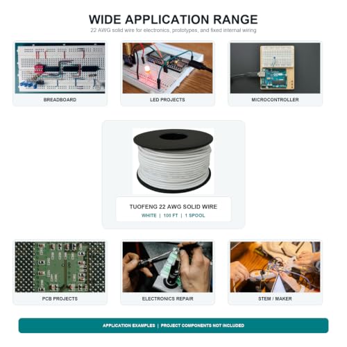 TUOFENG 22 AWG Solid Core Wire, White 100 ft, Breadboard Hookup Wire - size: 22 AWG Solid Wire - White - 100ft