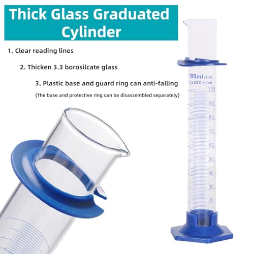2Pcs 100ml Graduated Cylinder, Thick Glass Measuring Cylinder, with Anti-Falling Plastic Base and Bumper Guards, for Science Laboratory Measuring Liquid, Bring 2 Brushes and droppers - size: 100ml