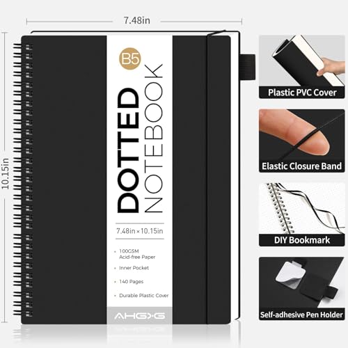 AHGXG Dotted Journal, Grid Spiral Notebook, 140 Pages, B5 (7.6" x 10") - color: Black, style: B5-Dotted
