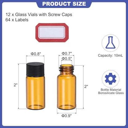 PATIKIL 10ml Amber Glass Vials, 12 Pack Sample Vials with Screw Cap and Write-on Spot Reagent Media Bottle with Labels Leak-Proof Liquid Vial for Lab - color: Brown, size: 10ml