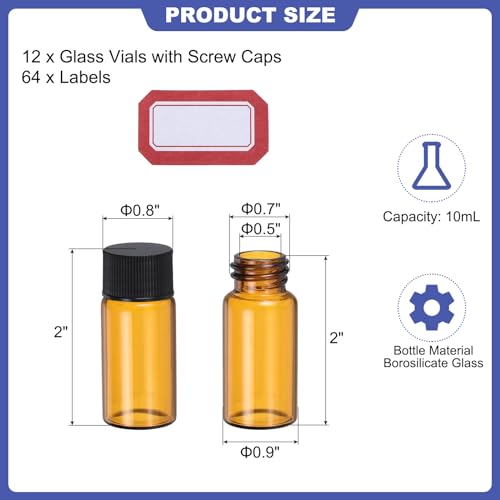 PATIKIL 10ml Amber Glass Vials, 12 Pack Sample Vials with Screw Cap and Write-on Spot Reagent Media Bottle with Labels Leak-Proof Liquid Vial for Lab - color: Brown, size: 10ml