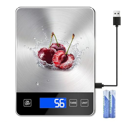 Digital Kitchen Scale, 33lb Food Scale Precisely Measures Grams and Ounces for Baking, Cooking, and Meal Prep, Rechargeable 304 Stainless Steel with LCD Display, Batteries and USB Charging Included - size: 0.1 oz/15kg Battery