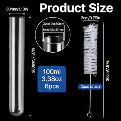 6 Pcs 100ml Large Glass Test Tube,3.3 Borosilicate Clear Big Glass Test Tube Vase for Scientific Experiment,30mm ODx200mm Length Round Bottom Test Tubes for Hydroponic Flower Home Office Decor