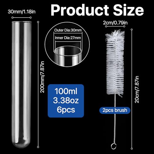 6 Pcs 100ml Large Glass Test Tube,3.3 Borosilicate Clear Big Glass Test Tube Vase for Scientific Experiment,30mm ODx200mm Length Round Bottom Test Tubes for Hydroponic Flower Home Office Decor