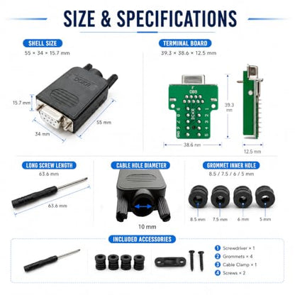 UHUZZ 1PCS DB9 Female Breakout Connector, Solderless 9-Pin D-Sub RS232 Serial Adapter with Screw Terminals, Protective Housing, Long Screws and Tail Pipe for PLC, Modem, Industrial Equipment