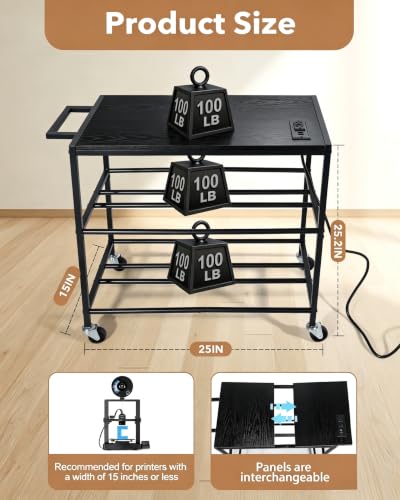 Small 3D Printer Stand Cart with Outlet, Wheels & Filament Storage Rack