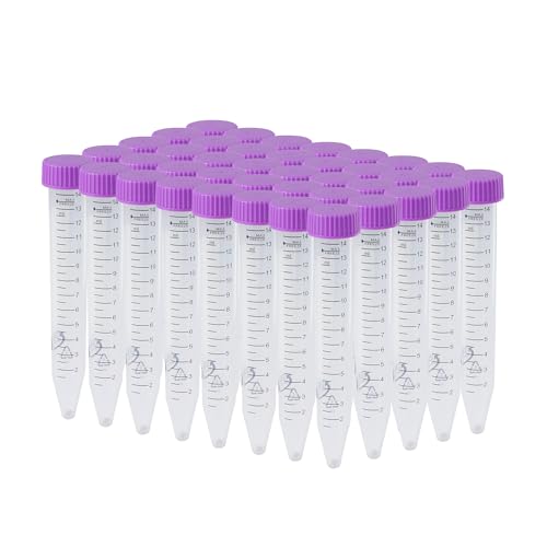 BIPEE Centrifuge Tubes 15mL, Conical Tubes Sterile 50 PCS, Polypropylene, Leak-Proof Screw Caps, Plastic Container with Graduated and Write Marks, Non-pyrogenic, DNase/RNase Free (Purple) - color: Purple