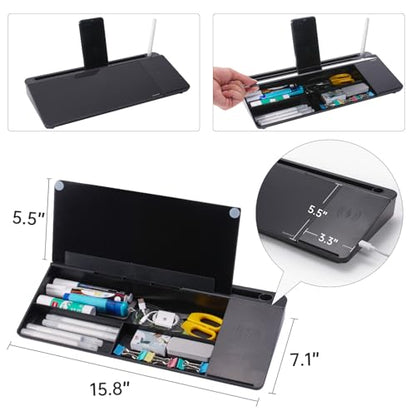 Small Glass Desktop Whiteboard Dry-Erase-Board - Computer Keyboard Stand with Wireless Charger White Board Surface Pad with Drawer, Desk Organizers with Accessories for Office, Home, School Supplies - color: Wireless Charging - Black