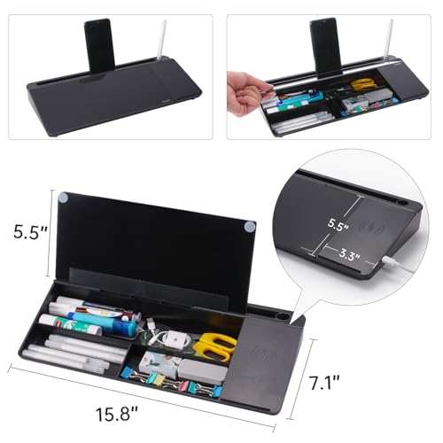 Small Glass Desktop Whiteboard Dry-Erase-Board - Computer Keyboard Stand with Wireless Charger White Board Surface Pad with Drawer, Desk Organizers with Accessories for Office, Home, School Supplies - color: Wireless Charging - Black