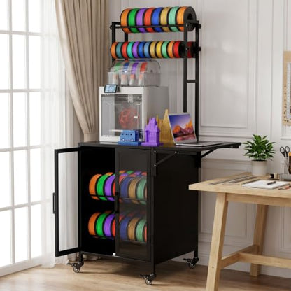 3D Printer Stand with Filament Storage Cabinet, Wheel, Foldable Side Table - color: Black-with Cabinet