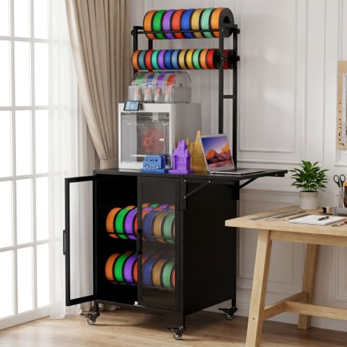 3D Printer Stand with Filament Storage Cabinet, Wheel, Foldable Side Table - color: Black-with Cabinet