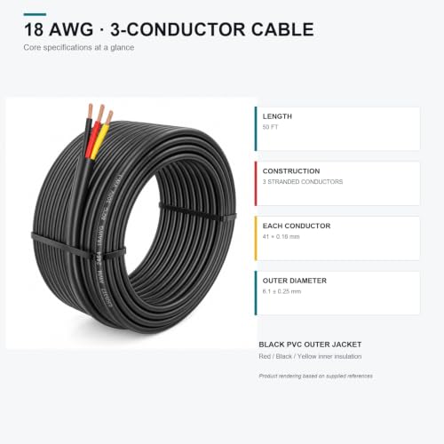TUOFENG 18 AWG 3-Conductor Stranded Copper PVC Wire, 50 FT - size: 18 AWG PVC Stranded 3-Conductor Wire 50ft