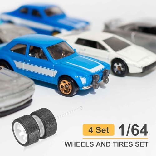MECCANIXITY 4 Set 1/64 Wheels and Tires Set, Real Riders Rims Includes Axles for RC Diecast Car DIY Model, White Rims - color: White Rims