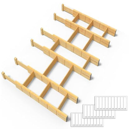 SpaceAid Bamboo Drawer Dividers with Inserts and Labels, Kitchen Adjustable Drawer Organizers, Expandable Organization for Home, Office, Dressers and Bathroom, 6 Dividers with 12 Inserts (17-22 in) - size: 17-22 inch