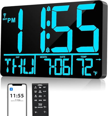 13" Bluetooth Auto Sync Wall Clock - Large Digital Alarm Clock with Remote - style: Blue Numbers