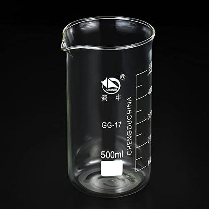 PATIKIL 500ml Tall Form Glass Beaker, 3.3 Borosilicate Glass Graduated Printed Scale Measuring Cups with Spout for Kitchen Lab Liquids Transit Boiling - size: 500ml
