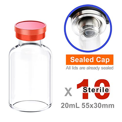 Sterile Empty Vials with Self Healing Injection Port and Aluminum Plastic Cap,Sterile Package (20ml Clear 10PCS) - size: 20ml Clear 10PCS