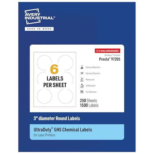 Avery UltraDuty GHS Labels, Waterproof, 3" White Round Labels, 1500 Total, Use with Laser Printers - size: 3", style: 1,500 labels