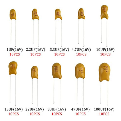 100Pcs 10Value 16V 1 uf - 100 uf Tantalum Capacitor Assorted Kit with A Plastic Box