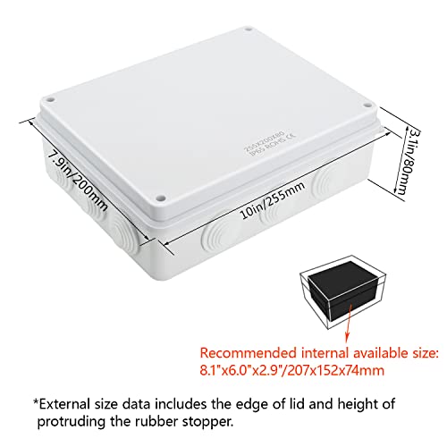 LeMotech Junction Box, ABS Plastic IP65 Waterproof and Dustproof, Universal Electrical Enclosure, Outdoor and Indoor Project Box 10 x 7.9 x 3.1 inch (255 x 200 x 80 mm) - size: 10" x 7.9" x 3.1" (1pc)