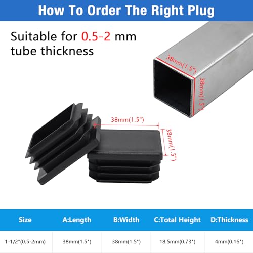 4 Pack 1-1/2"x 1-1/2" Black Square Tube End Cap Plastic Plugs - color: Black, size: 1-1/2" - 4 pcs