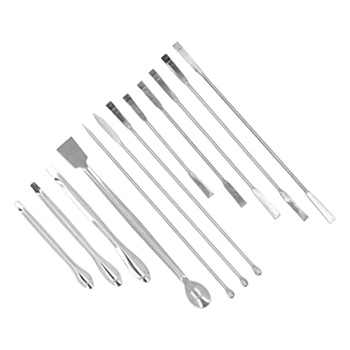 Generic 12Pcs Laboratory Spatula, Stainless Steel Micro Scoop Dual Head Design with Polished Long Handle and Cloth Bag, for Experiment Lab Home Use