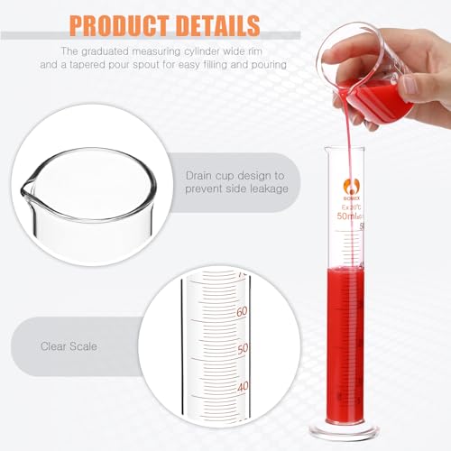 Feekoon 10 Pieces Glass Measuring Beaker Graduated Measuring Cylinder with Stirring Rod 50/100/ 250/500/ 1000 ml Thick Glass Beakers 5/10/ 50/100 ml Graduated Cylinders for Science Lab(5.9 Inch)