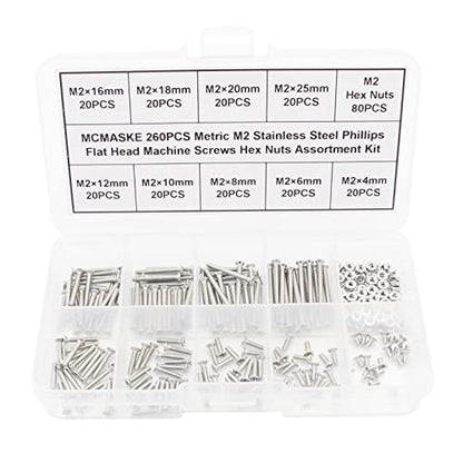 260PCS Metric M2 Stainless Steel Phillips Flat Head Machine Screws Hex Nuts Assortment Kit - size: M2
