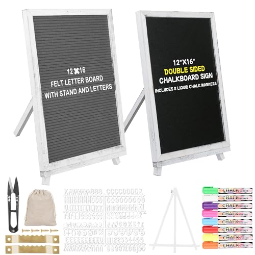12x16 inch Double Sided Chalkboard and Felt Letter Board with Stand - Reversible Wooden Frame Easel for Menu, Announcements, Home, Office, Cafe, Restaurant Decor - color: White