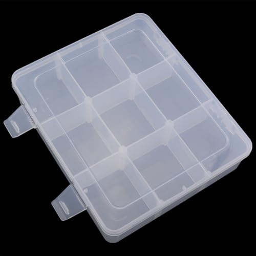 9 Grid Adjustable Partition Plastic Parts Box Transparent Storage Box For Jewelry Craft Accessories Electronic Components Screws Nails Fishing Gear Classified Storage 7.2x6.1x1.7 Inch