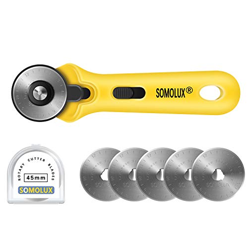 SOMOLUX 45mm Rotary Cutter with 45mm 5 Pcs Replace blades for Quilting Scrapbooking Sewing Arts Crafts, Sharp and Durable - color: Yellow 45mm Rotary Cutter