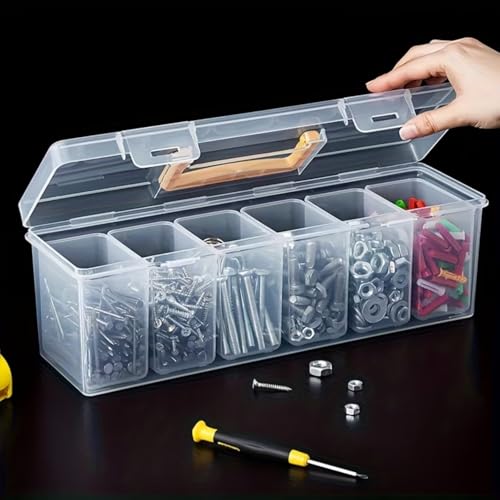 Plastic Hardware Storage Box with 6 Removable Compartments, Clear Small Parts Organizer with Handle, Portable Container for Screws, Nuts, Bolts, Crafts