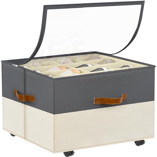 Foyego Shoe Organizer for Closet, with Wheels, Beige and Grey - color: Gray and Beige, size: 17"L x 17"W x 12 ½"H