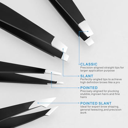 Pefei Tweezers Set - Professional Stainless Steel Tweezers for Eyebrows - Great Precision for Facial Hair, Splinter and Ingrown Hair Removal (Black) - size: 4 Piece set
