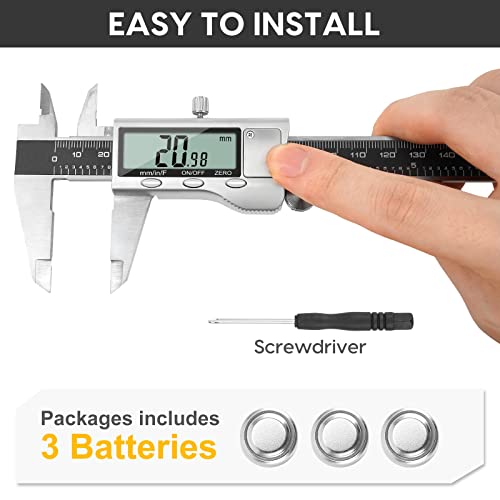 Digital Caliper Measuring Tool, 6 Inch Caliper Tool with Large LCD Screen, Easy Switch from Inch Millimeter Fraction, Stainless Steel Vernier Caliper Digital Micrometer for DIY/Household