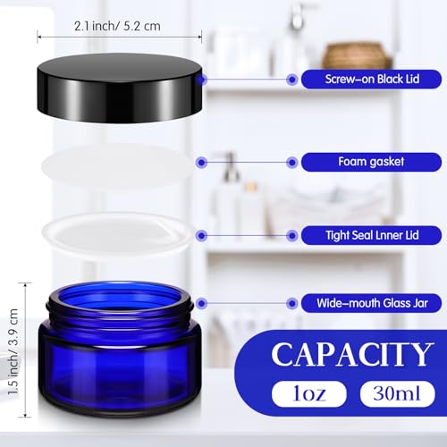 Domensi 100 Pcs 1oz Glass Jars Bulk, Cobalt Blue, Black Lid, Plastic Lid - color: Cobalt Blue, Black, size: Plastic Lid