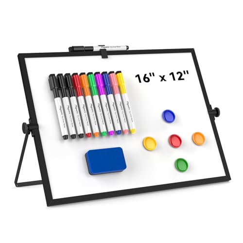 Dry Erase White Board, Cazeyoo Magnetic Desktop Whiteboard 16 x 12inch with Stand, 10 Markers, 4 Magnets and 1 Eraser, Portable Double-Sided White Board for Kids Drawing, Office, Home, School - Black - color: Black, size: 16x12Inch