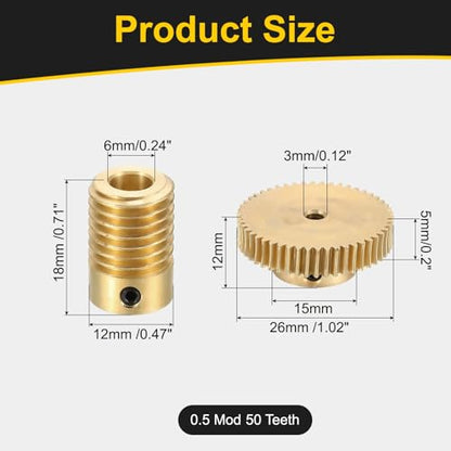 uxcell Worm Gear Set Right Rotation 50T 0.5 Module 1:50 Reduction Rate - size: Gear-3mm, Rod-6mm Bore, style: 0.5M-50T