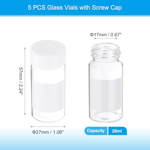 PATIKIL Small Glass Sample Bottles with Lids, 5 Pcs 20ml Clear Glass Vials with White Screw Caps Mini Leak Proof Reagent Sealed Bottles with Writing Label for Solid Liquid Powder Storage - color: White/Clear, size: 20ml